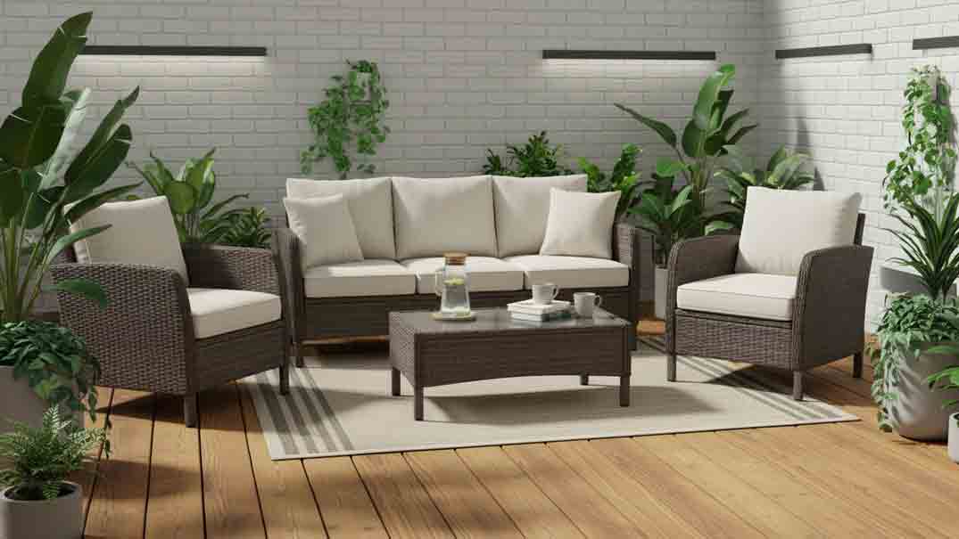 B&Q garden furniture style rattan patio set on a modern US backyard deck