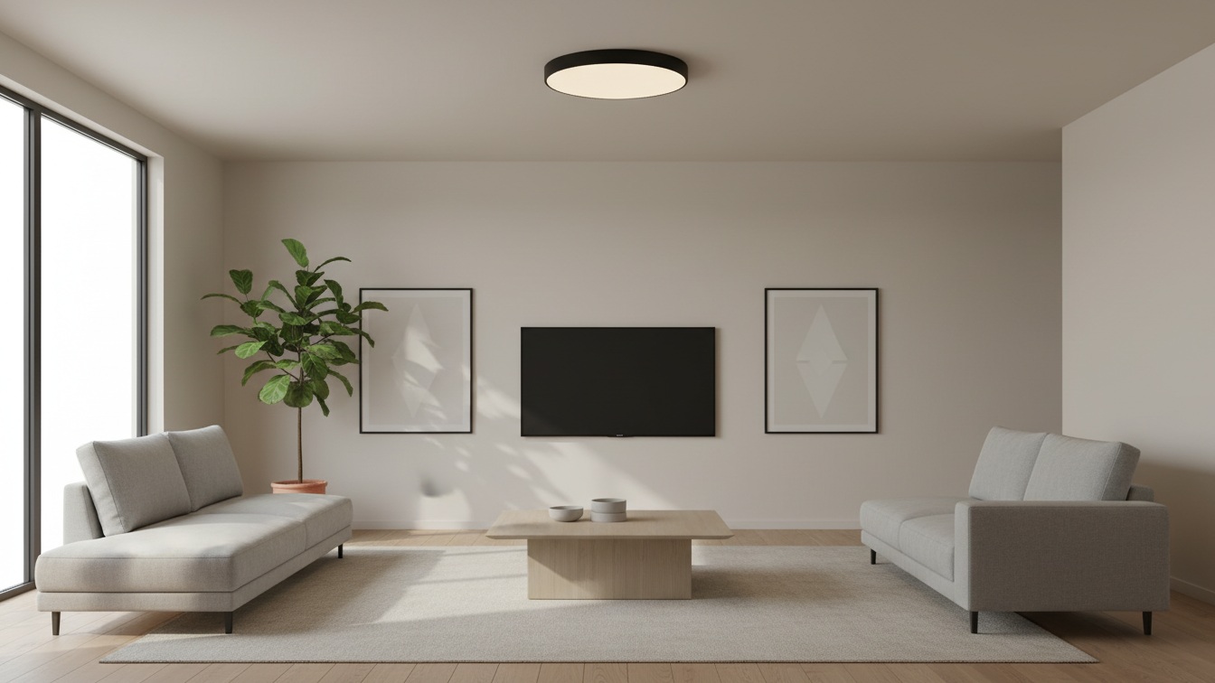 Matte black flush mount ceiling light installed in a modern US living room