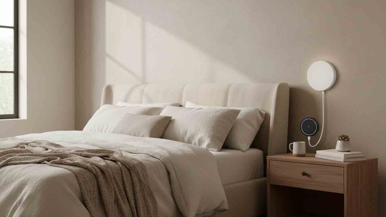 USB-C rechargeable battery-operated wall sconce mounted in bedroom — warm 2700K glow, adhesive mount